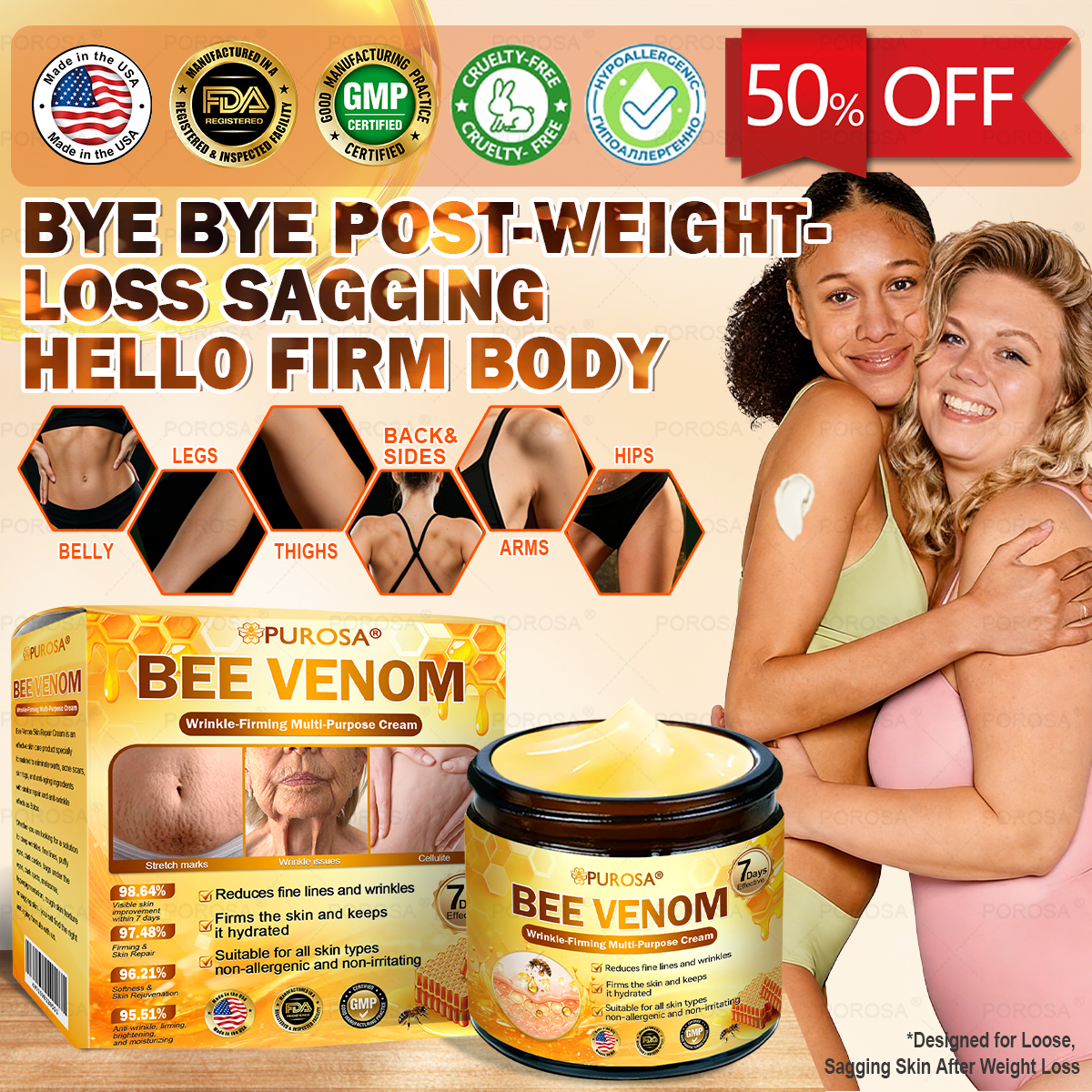 𝐎𝐟𝐟𝐢𝐜𝐢𝐚𝐥 𝐒𝐭𝐨𝐫𝐞 | 𝐏𝐔𝐑𝐎𝐒𝐀® 𝐁𝐞𝐞 𝐕𝐞𝐧𝐨𝐦 𝐖𝐫𝐢𝐧𝐤𝐥𝐞-𝐅𝐢𝐫𝐦𝐢𝐧𝐠 𝐌𝐮𝐥𝐭𝐢-𝐏𝐮𝐫𝐩𝐨𝐬𝐞 𝐂𝐫𝐞𝐚𝐦 𝐮𝐬𝐞𝐬 𝐜𝐨𝐥𝐥𝐚𝐠𝐞𝐧 𝐩𝐞𝐩𝐭𝐢𝐝𝐞𝐬 𝐚𝐧𝐝 𝐬𝐤𝐢𝐧-𝐟𝐢𝐫𝐦𝐢𝐧𝐠 𝐚𝐜𝐭𝐢𝐯𝐞𝐬 𝐭𝐨 𝐭𝐚𝐫𝐠𝐞𝐭 𝐥𝐨𝐨𝐬𝐞, 𝐬𝐚𝐠𝐠𝐢𝐧𝐠 𝐬𝐤𝐢𝐧 𝐚𝐟𝐭𝐞𝐫 𝐰𝐞𝐢𝐠𝐡𝐭 𝐥𝐨𝐬𝐬.